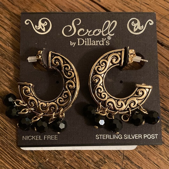 Scroll by Dillard’s Silver Thin Scroll Hoop Earrings w/dangling Black Be… - Picture 1 of 5